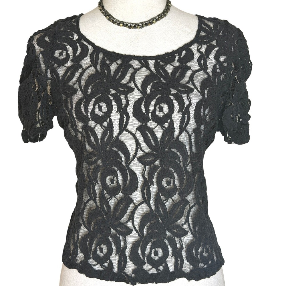 INC International Concepts Y2K Black Sheer Lace Floral Top Womens M‎ Dark Fairy
